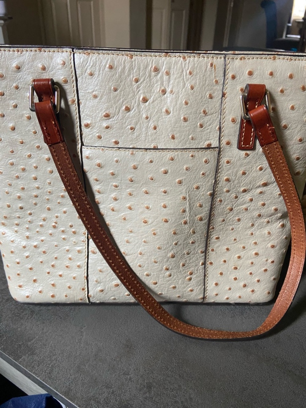 Dooney & Bourke Cream Ostrich-Embossed Lexington Tote Leather Purse - Picture 2 of 6